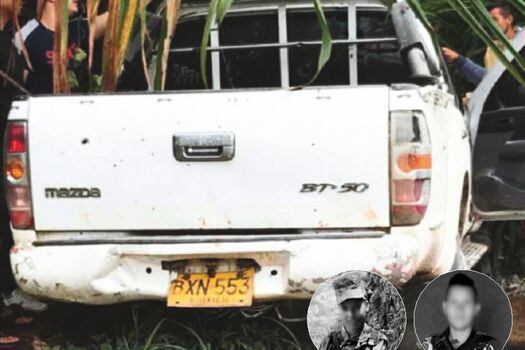 Esta es la camioneta en la que murieron los ocho disidentes, entre ellos los dos menores de edad, identificados como Yina Fernanda Gómez, de 14 años, y  “Maicol”, de 17. 