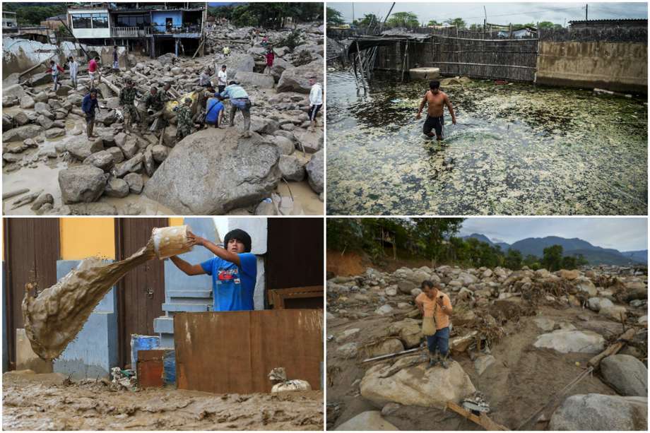 Imágenes de la avalancha que desapareció parte de Mocoa (fotografías 1 y 4), y las inundaciones en Lima y Piura (fotografías 2 y 3). / AFP.