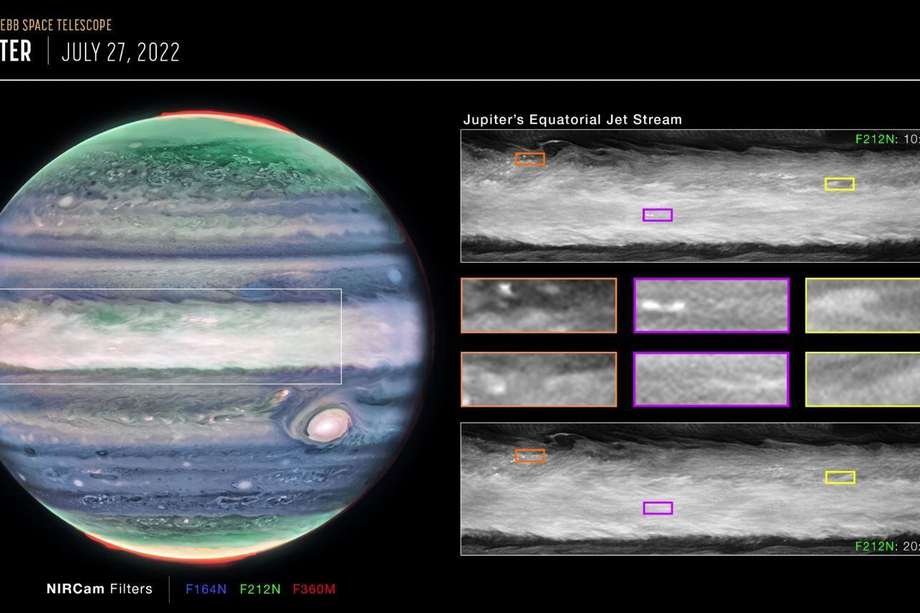 Esta imagen de Júpiter tomada por la NIRCam (cámara de infrarrojo cercano) del telescopio espacial James Webb de la NASA muestra impresionantes detalles del majestuoso planeta en luz infrarroja. En esta imagen, el brillo indica gran altitud. /NASA, ESA, CSA, STSCI