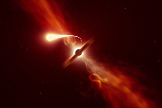 Representación artística de una estrella experimentando espaguetificación al ser absorbida por un agujero negro supermasivo durante un evento de disrupción de marea.