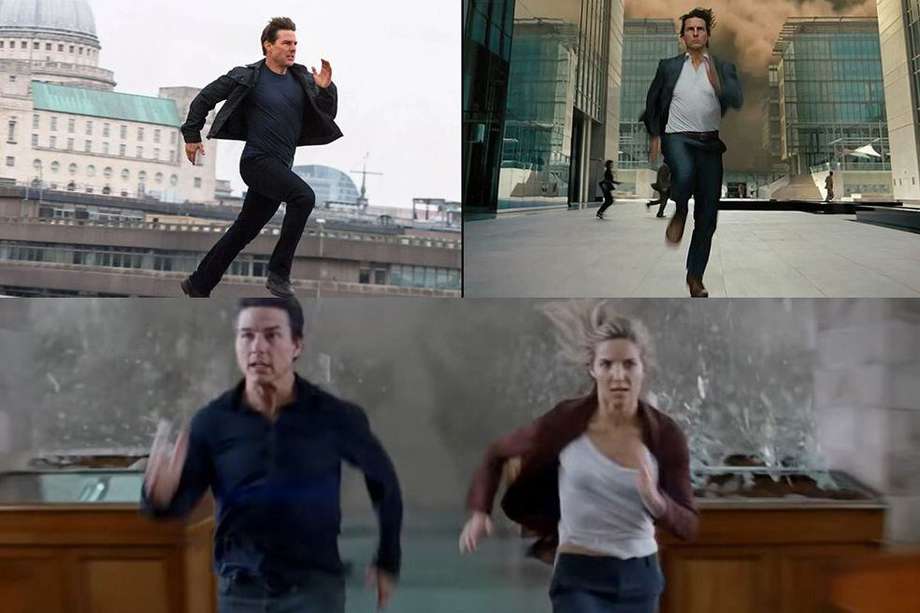 Tom Cruise corriendo solo y acompañado en escenas de "Misión Imposible" y "The Mummy".