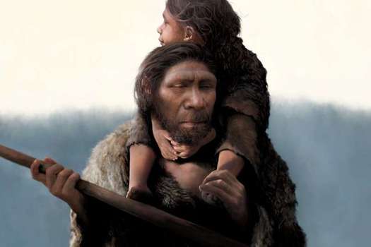 Representación de un artista de un padre y una hija neandertales.