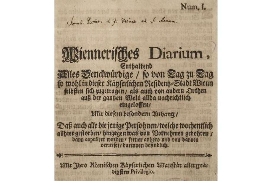 Primera edición del Wiennerischen Diariums, hoy Wiener Zeitung, del 8 de agosto de 1703.