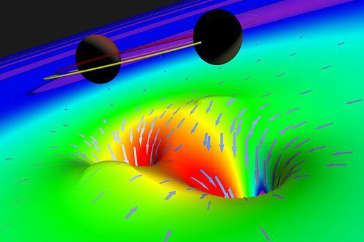 Representación de dos agujeros negros detectados por LIGO durante sus últimas órbitas sobre el otro, justo antes de colisionar. / Ligo