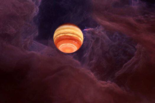 Ilustración de un objeto de masa planetaria joven dentro de una nube de polvo y gas en donde se forman nuevas generaciones de estrellas.