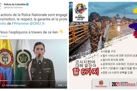 Mensajes sobre el Paro Nacional en inglés y coreano por parte de la Policía y el Ejército, respectivamente.