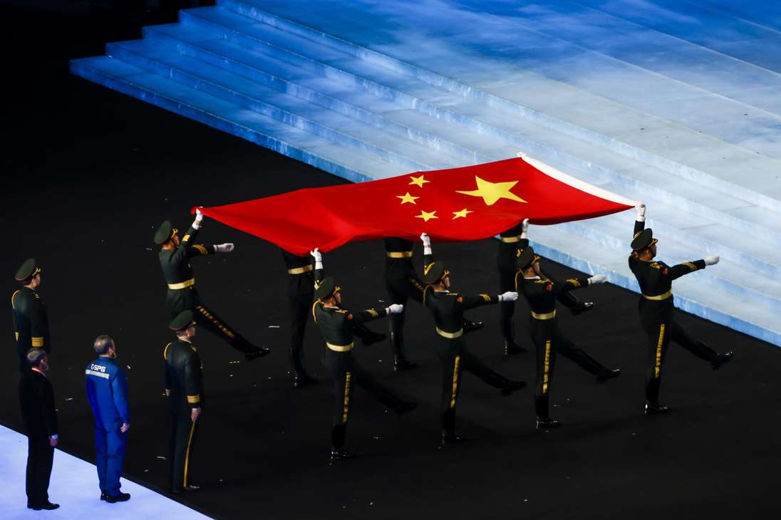 Beijing (China), 04/02/2022.- The flag of China is pictured during the Opening Ceremony of the Beijing 2022 Olympic Games at the National Stadium, also known as Bird's Nest, in Beijing China, 04 February 2022. EFE/EPA/SALVATORE DI NOLFI