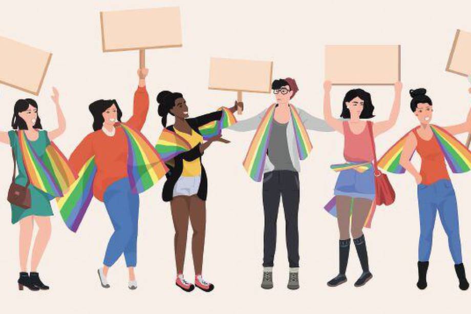 gays and lesbians with lgbt rainbow flags holding protest posters blank placards love parade pride festival demonstration concept full length horizontal vector illustration