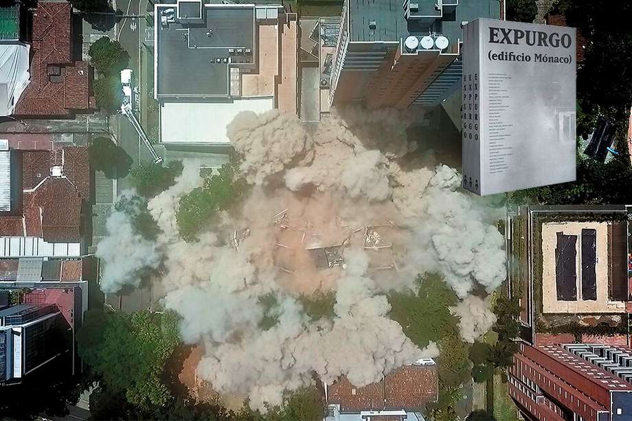 Instante de la demolición del edificio Mónaco, en Medellín, el 22 de febrero de 2019, y portada del libro EXPURGO (Mauricio Cardona).