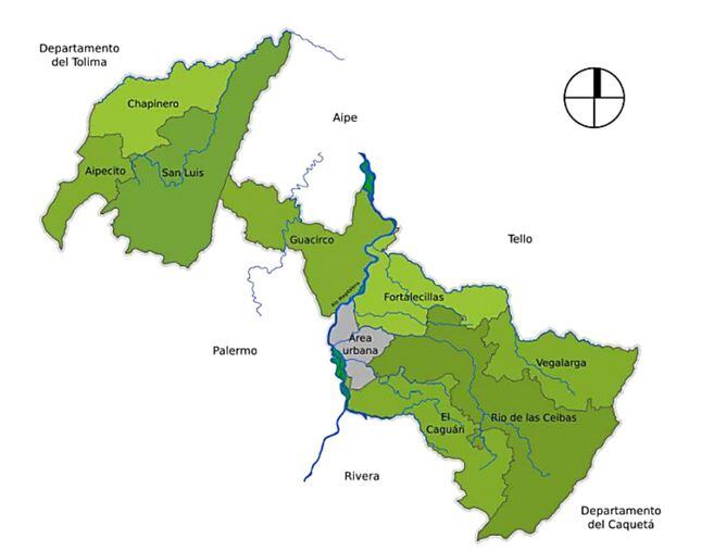 Mapa de corregimientos rurales de Neiva, en cuyo centro se encuentra Guacirco.