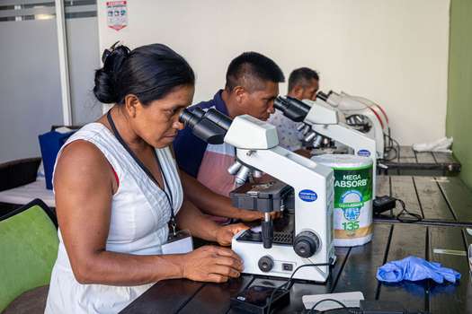 En la foto se ve a tres agentes comunitarios del departamento del Amazonas en un ejercicio práctico de microscopía en el segundo encuentro de salud intercultural en Leticia (Amazonas).