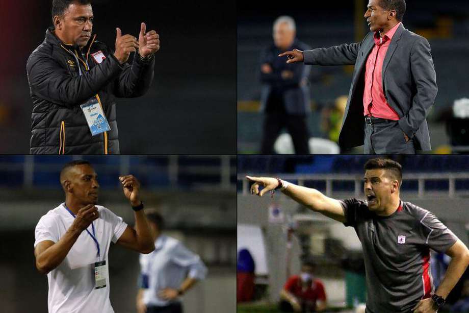 Hárold Rivera, Alexis García, Luis Amaranto Perea y Juan Cruz Real, técnicos de los semifinalistas de la Liga BetPlay. / Dimayor y EFE