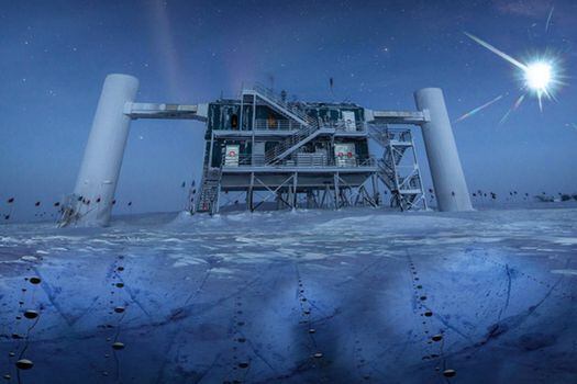Ilustración basada en una imagen real del IceCube Lab, con sus sensores esféricos (llamados DOM) bajo el hielo para detectar neutrinos. /