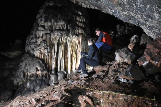 Investigadores mirando hacia las estalagmitas del interior de la cueva de Ardales.