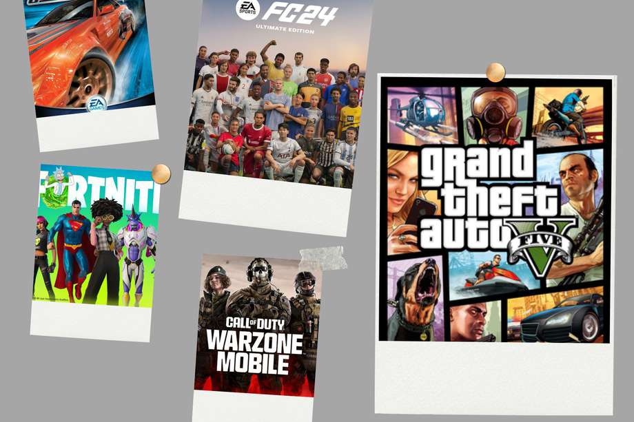 Las portadas de: Need for Speed (carros), EA Sports FC 24 (deportes), Fortnite (Battle Royal), Call of Duty (disparos) y GTA V (mundo abierto).