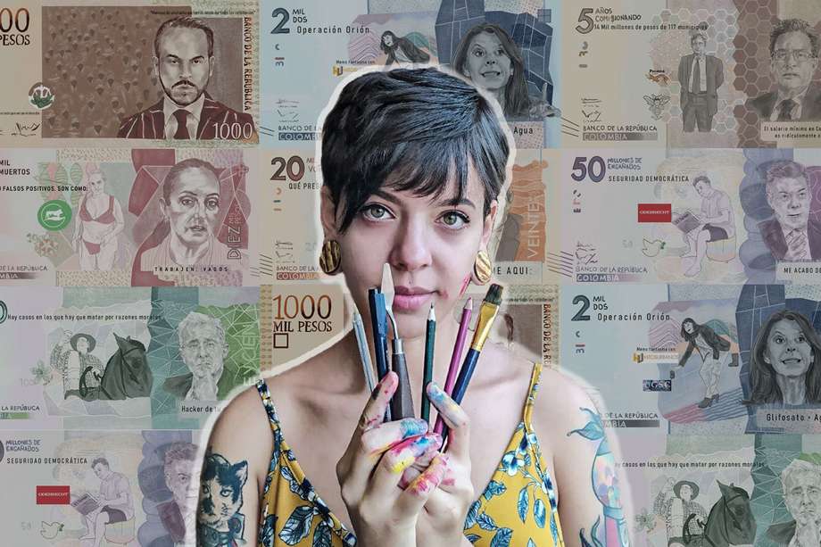 Sara Vélez García, licenciada en artes de Medellín, creadora de la serie de intervención de billetes llamada "Dinero Sucio".