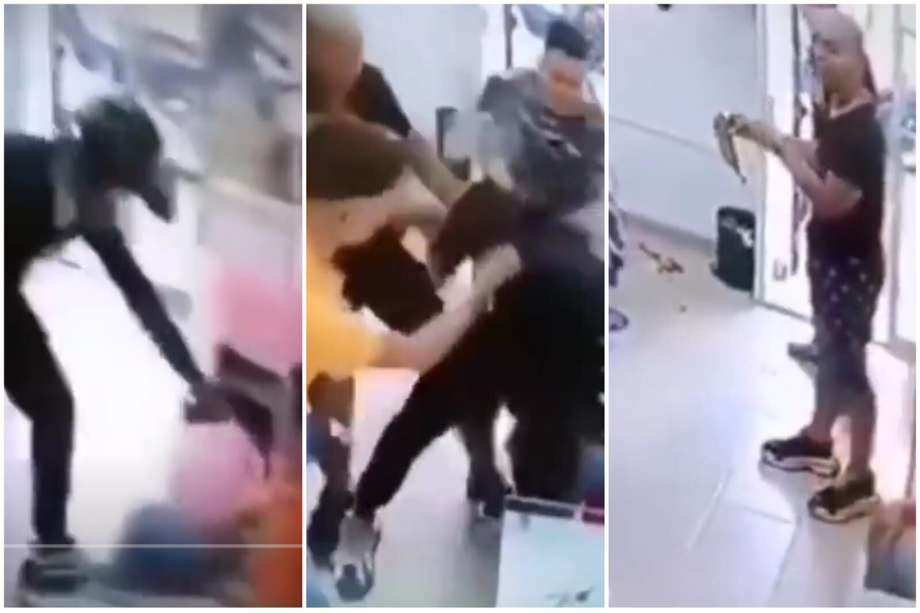 En las imágenes captadas por las cámaras de seguridad del establecimiento, se ve como luego de forcejear, uno de los hombres logra quitarle la fruta al ladrón
