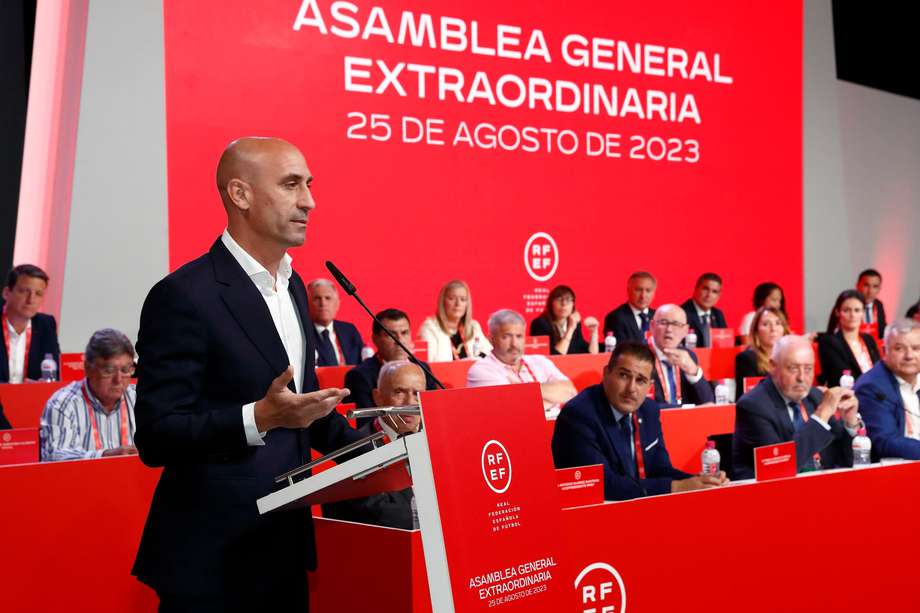 El presidente de la Real Federación Española de Fútbol, Luis Rubiales, durante su intervención en la Asamblea General de dicho organismo.