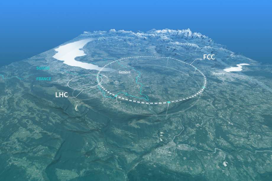 En la imagen se aprecia la ubicación del LHC, que es el colisionador de hadrones que queda cerca de Ginebra, Suiza. 
El FCC se construiría junto a este y ocuparía un área tres veces más grande.
