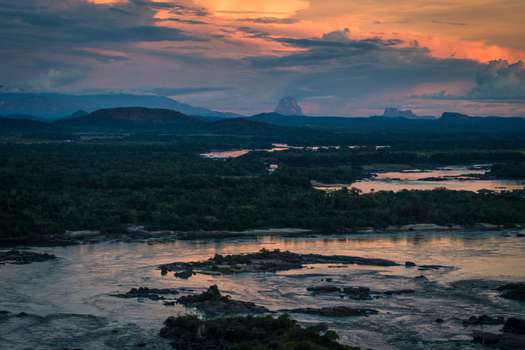 Aerial photo of Orinoco River and tepui of Colombia.