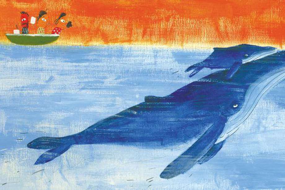 Ilustración del libro "El vuelo de las jorobadas", de la editorial Lazo, hecha con acrílicos y lápiz de color.