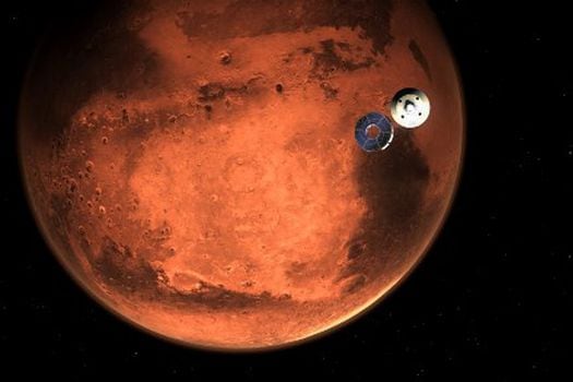 Ilustración elaborada por la NASA, muestra el diseño de la sonda Perseverance y el planeta Marte. El meteorito del que se extrajeron las moléculas, Allan Hills (ALH) 84001, fue descubierto en la Antártida en 1984 y es considerado uno de los proyectiles más antiguos en alcanzar la Tierra desde Marte.