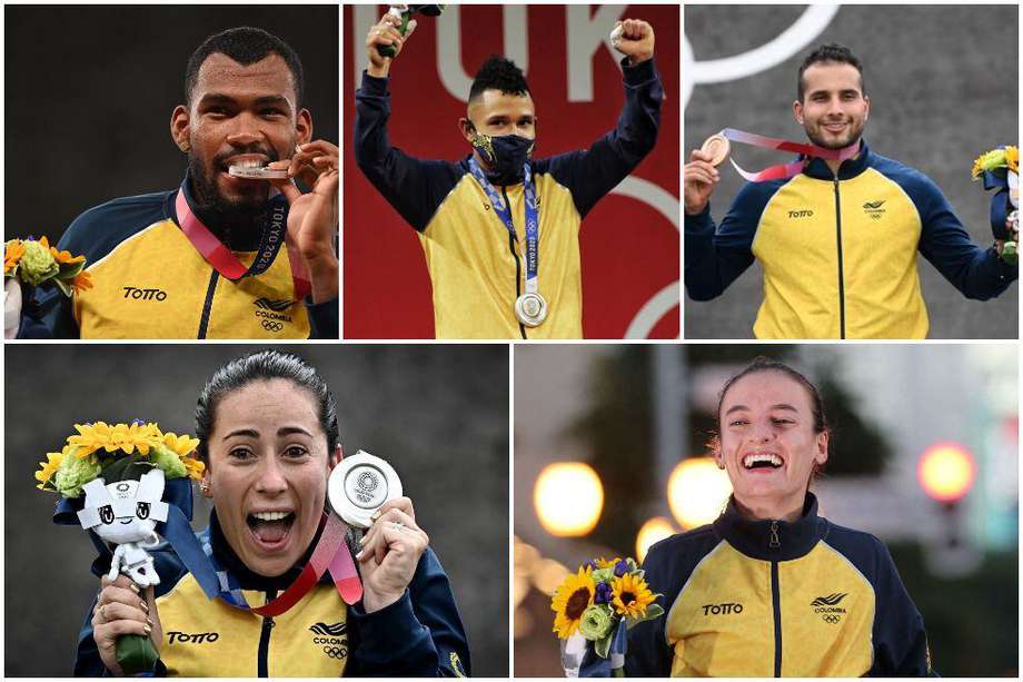 De derecha a izquieda: Anthony Zambrano, Luis Javier Mosquera, Carlos Ramírez, Mariana Pajón y Lorena Arenas, los medallistas de Colombia en Tokio 2020.