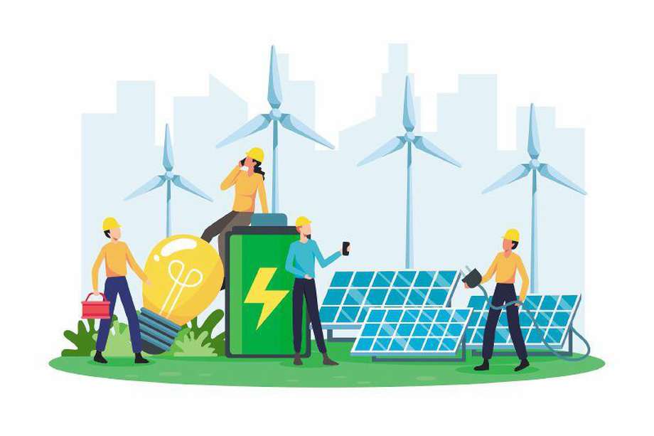 Vector illustration Renewable energy concept. Renewable electric power station with solar panels and wind turbines. Clean electric energy from renewable sources sun and wind. Vector in a flat style