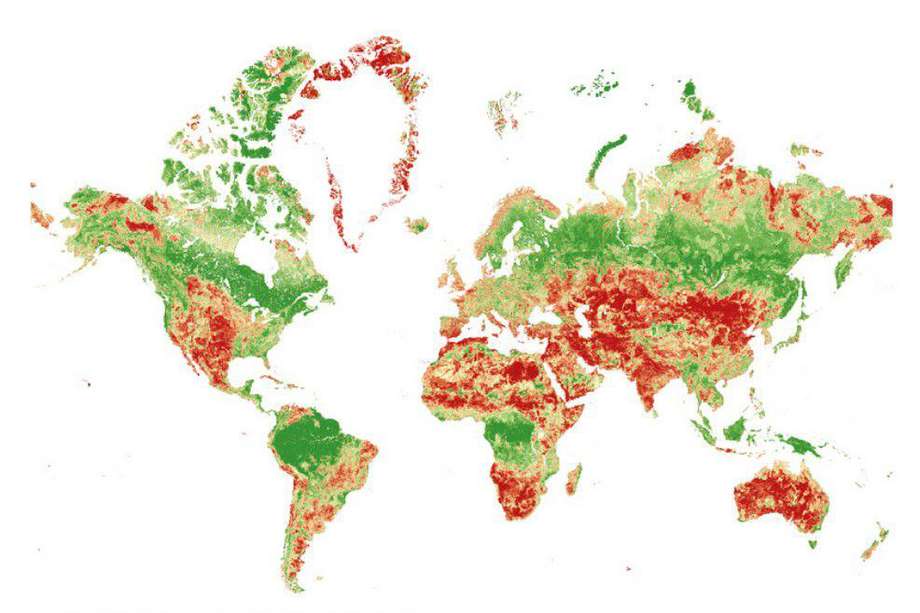 El mapa publicado por Swiss Re Institute muestra en verde los países con mayores servicios ecosistémicos y en rojo los menores.