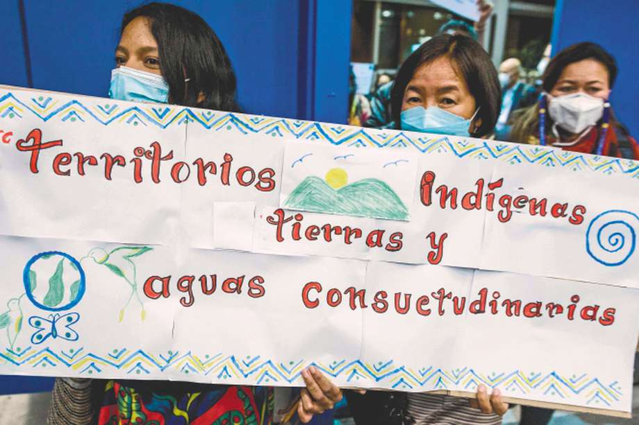 Manifestantes del Foro Internacional Indígena sobre Biodiversidad (FIIB) en el centro de convenciones donde se lleva a cabo la COP15. / AFP.