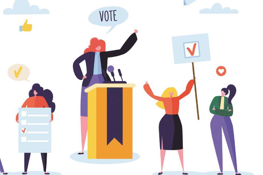 Political Meeting with Female Candidate in Speech. Election Campaign Voting with Characters Holding Vote Banners and Signs. Man and Woman Voters with Megaphone. Vector illustration