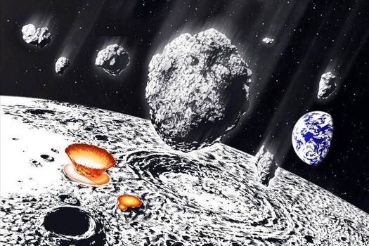 Recreación de la lluvia de asteroides en la Luna y la Tierra hace 800 millones de años.