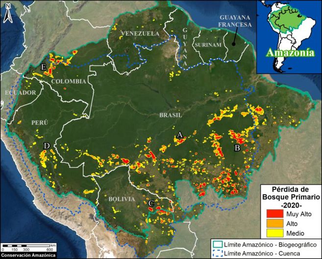 Hotspots de pérdida de bosque en la Amazonía 2020. Datos: Hansen/UMD/Google/USGS/NASA, RAISG, MAAP. 