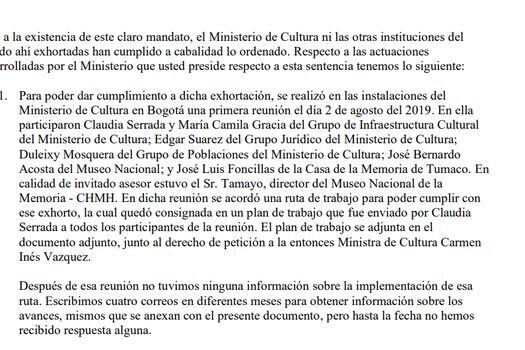 Fragmento del derecho de petición enviado hace un mes por la Casa de la Memoria al Ministerio de Cultura.