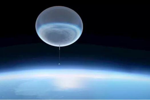 Esta ilustración muestra un globo a gran altitud que asciende a la atmósfera superior