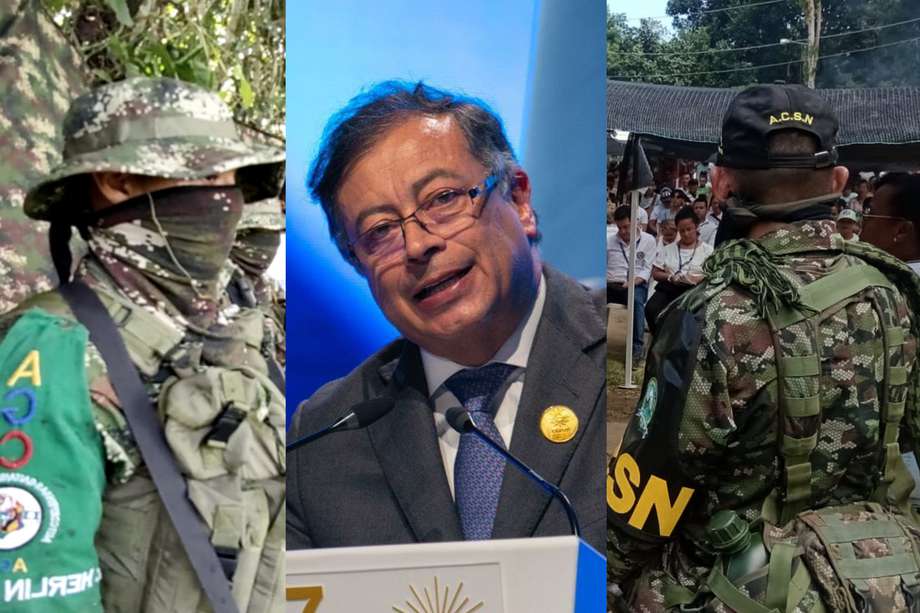 Desde el inicio de la apuesta de paz total, el presidente Petro (centro) expresó su voluntad de conversar con las AGC y las ACSN, los dos grupos herederos del paramilitarismo más grandes del país.