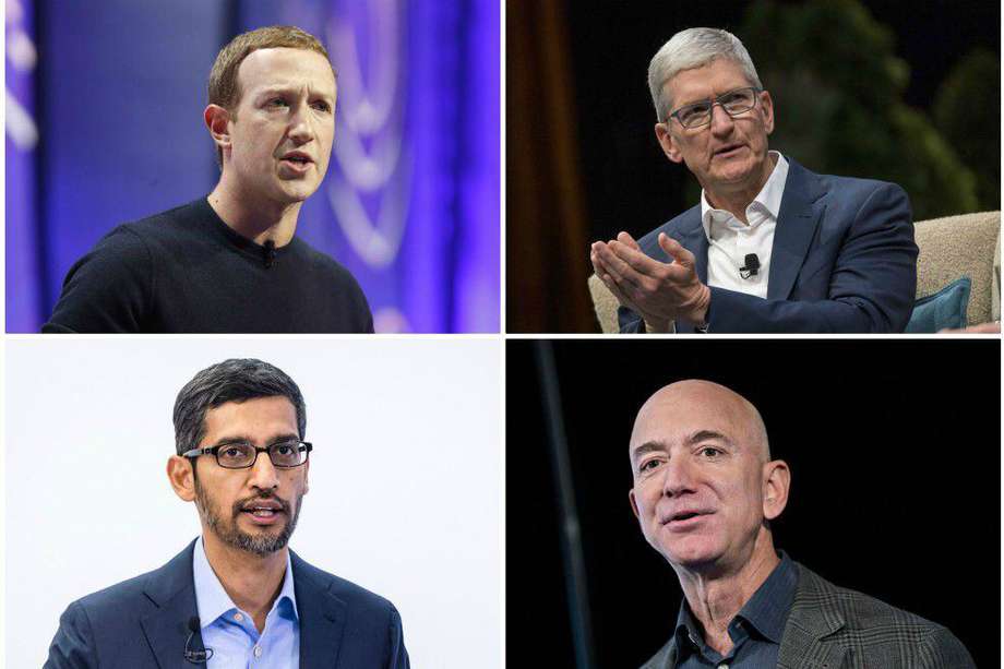Mark Zuckerberg, Tim Cook (arriba, de izquierda a derecha), Sundar Pichai y Jeff Bezos (abajo).