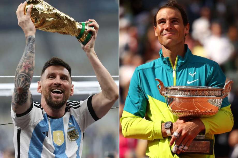 Lionel Messi (i) con la Copa Mundo obtenida en Catar 2022 y Rafael Nadal con el trofeo de Roland Garros.