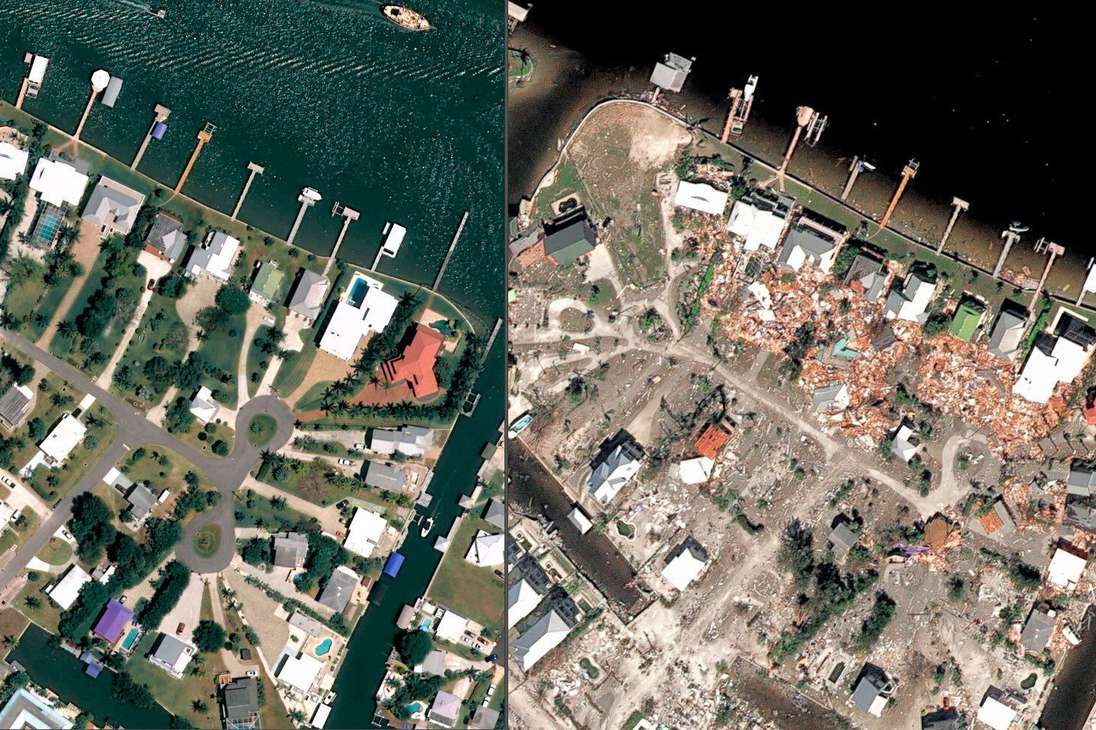Fort Myers Beach, Florida, antes y después del paso del huracán Ian.