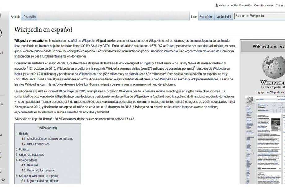 Wikipedia en español es la novena más grande, con más de 1.600.000 páginas.