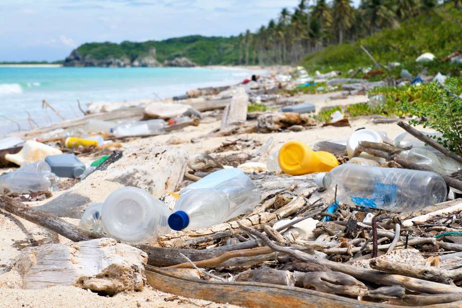 Contaminación por plásticos en la playa. 