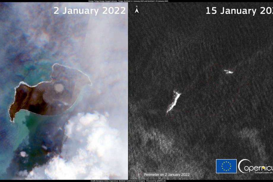 Las imágenes, elaboradas con datos del satélite Copernicus Sentinel-2 adquiridas el 2 de enero de 2022 (izquierda) y del satélite Copernicus Sentinel-1 del 15 de enero de 2022 (derecha), muestran el cambio.