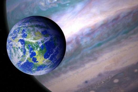 Ilustración de una exoluna potencialmente habitable orbitando un planeta gigante en un lejano sistema solar.  /  NASA GSFC: Jay Friedlander and Britt Griswold