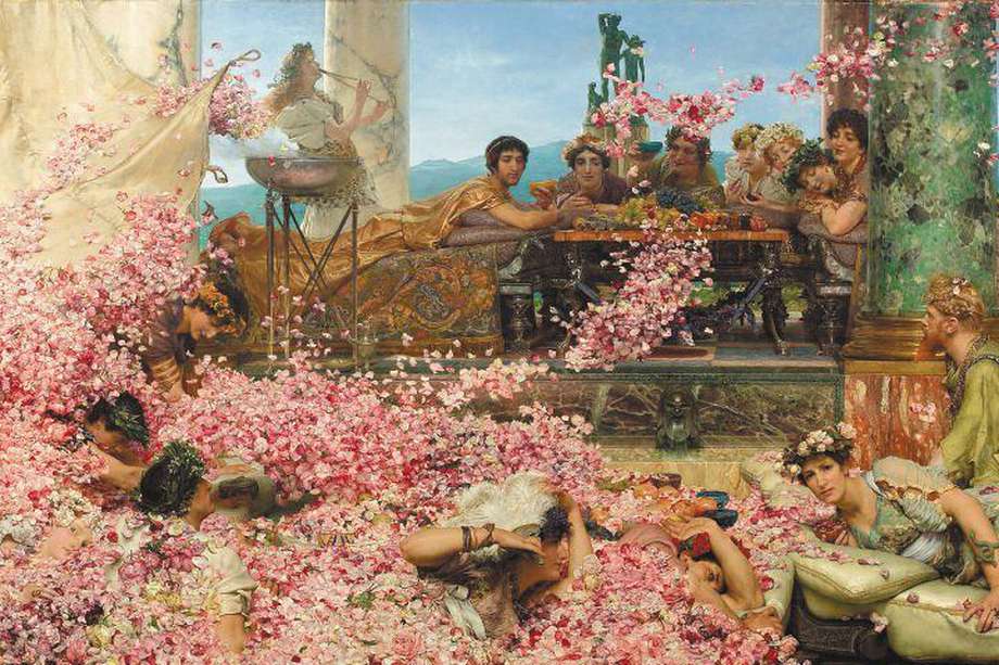 "Las rosas de Heliogábalo", cuadro de Lawrence Alma-Tadema. En la mesa, de izquierda a derecha, ataviado de dorado, Heliogábalo.