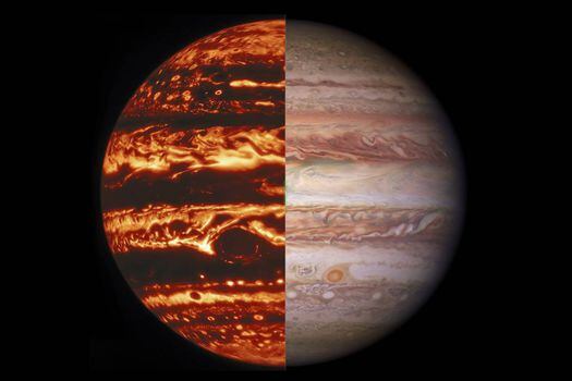 En la imagen se observa a Júpiter en luz infrarroja (izquierda) y visible (derecha). Fueron tomadas por los telescopios Gemini North y  Hubble.
