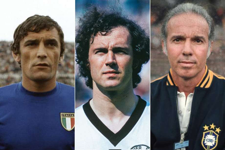 El italiano Luigi Riva (izq.), el alemán Franz Beckenbauer y el brasileño Mario Zagallo.
