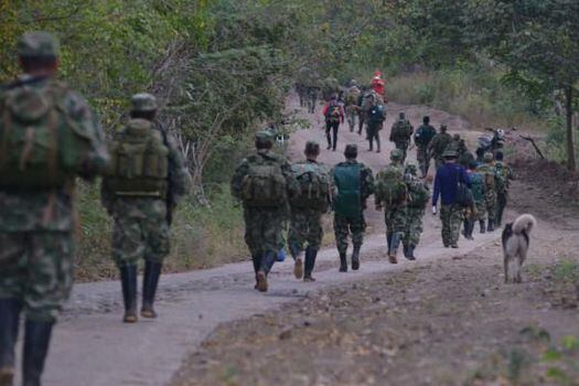 Guerrilleros del Frente 59 de las Farc marchan hacia la Zona Veredal en Pondores, Guajira, para iniciar dejación de armas.