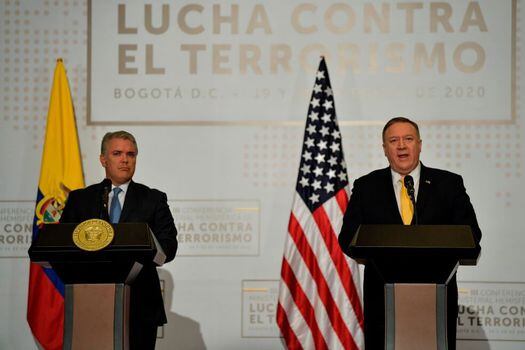 Presidente de Colombia, Iván Duque, junto a Mike Pompeo, jefe de diplomacia estadounidense.  / AFP
