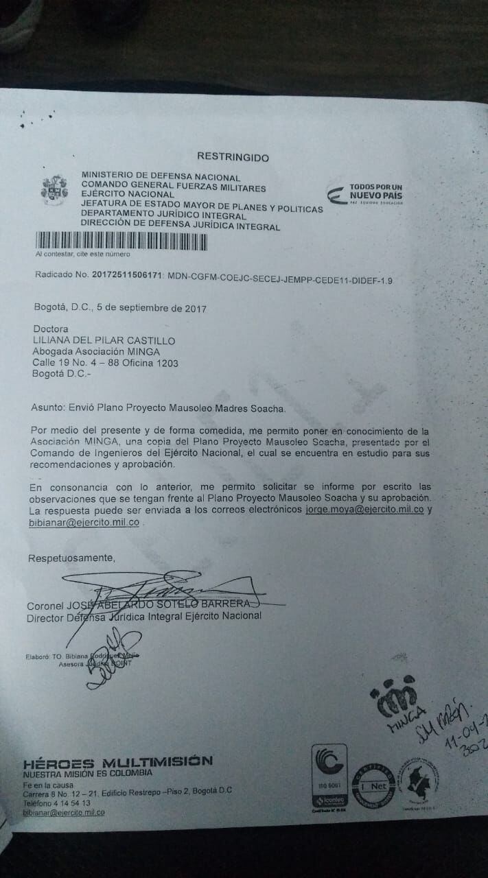 Carta del envío de planos del mausoleo para las Mafapo por parte del Ejército Nacional, el 5 de septiembre de 2017.
