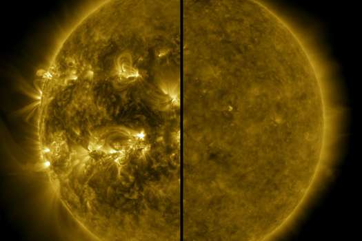 Esta imagen muestra la diferencia entre un Sol activo durante el máximo solar (a la izquierda) y un Sol tranquilo durante el mínimo solar (a la derecha). Diciembre de 2019 marca el comienzo del ciclo solar 25, y la actividad del Sol aumentará una vez más hasta el máximo solar.